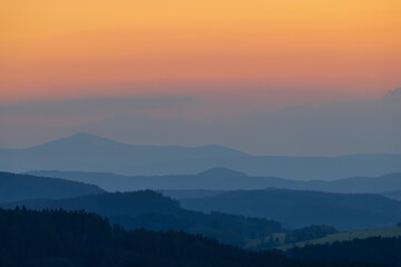 landscape with the Giant Mountains in the background at sunset, Czech Republic