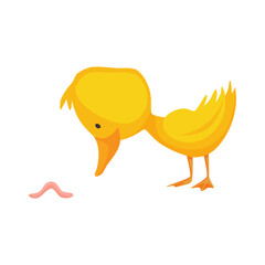Cute chick. Baby cartoon yellow  duck. Bird child character in funny facial expression, pose and gesture for graphic design. Catching worm
