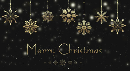 Graphite dark background, golden snowflakes with blurred lights and highlights. Beautiful Christmas banner on a dark background with golden text. Merry christmas and a happy new year. Christmas golden