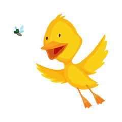 Cute chick. Baby cartoon yellow  duck. Bird child character in funny facial expression, pose and gesture for graphic design. Catching insect