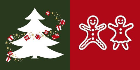 Fototapeta na wymiar 2022 - Carte en 2 parties - un sapin blanc avec des cadeaux dans une ambiance de Noël, sur un fond vert et un garçon et une fillette sur un fond rouge.