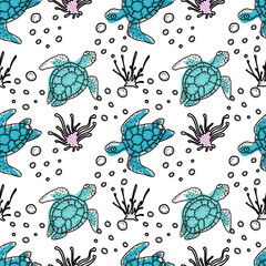 Bright multicolored seamless pattern with marine life, sea turtles, fish and corals. Vector illustration.