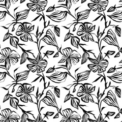 seamless pattern with black contour flowers on a white background, contour flowers in ink, beautiful black print, hand-drawn