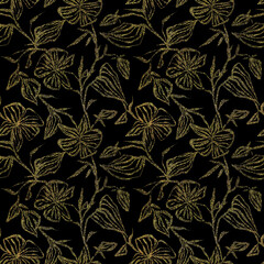 seamless pattern with shiny flowers on a black background, contour flowers made of sequins, beautiful black print, hand-drawn