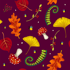 Fototapeta na wymiar Seamless vector warm colourful autumn pattern with mushrooms, leaves and plants