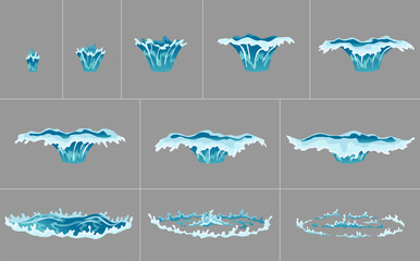 Water splash animation. Dripping water special effect. Fx sprite sheet. Clear water drops burst for flash animation in games and video. Cartoon frames