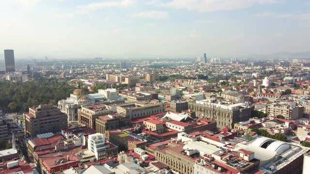 Mexico City: Aerial view of capital city of Mexico, marble performance hall and art museum Palacio de Bellas Artes and public park Alameda Central - landscape panorama of North America from above