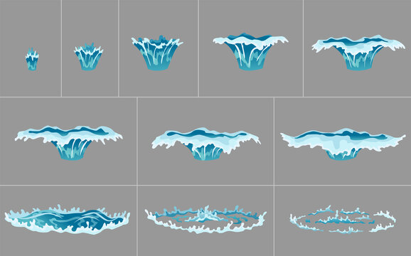 Water splash animation. Dripping water special effect. Fx sprite sheet. Clear water drops burst for flash animation in games and video. Cartoon frames