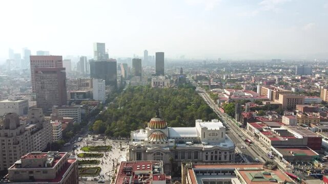 Mexico City: Aerial view of capital city of Mexico, marble performance hall and art museum Palacio de Bellas Artes and public park Alameda Central - landscape panorama of North America from above