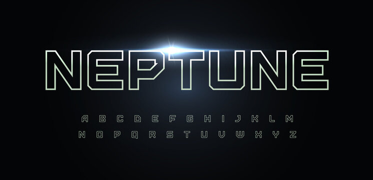 Space font alphabet letters. Outline linear contour typography. Techno digital characters with electric light, neon glow. Shiny illuminated letter set for headline, logo, cover title. Vector typeset