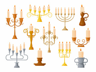 Cartoon candlestick. Vintage wax candle holder with burning and extinct candlelight. Retro medieval candelabrum. Isolated lighting ornate lamps. Vector ancient interior decorations set