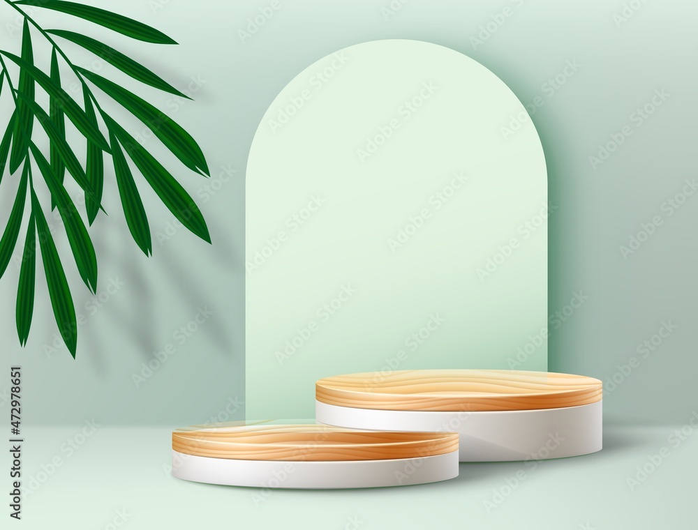 Poster Realistic podium background. 3D studio platform for product display. Minimalistic stage and palm leaves. Render exhibition scene with plant and geometric shape. Vector fashion ad mockup
