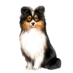 Watercolor illustration of a white-black dog Sheltie breed. Sheltie dog, pet, animal, friend, dog breed, furry dog 