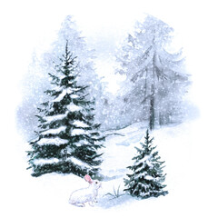 Watercolor illustration of winter forest, snowy forest, winter landscape watercolor landscape, Christmas trees, forest, snow 
