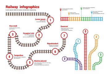 Railway infographic. Train rail scheme. Subway and tram station top view map. Underground transport guide. Colorful railroad diagram template. Metro traffic plan. Vector illustration