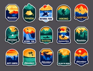 Outdoor camp badge. Cartoon nature travel and exploration emblem. Isolated stickers for hiking and camping. Vintage patch with forest lake and trees. Vector logo set with landscape elements