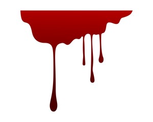 Red dripping stain. Halloween isolated on white background decor. Bloody liquid flowing drops, spilled paint or ink, decor element with gradient colors, bleeding texture, vector isolated illustration