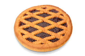 Round tart cherry jam, italian pie crostata isolated on white, clipping path