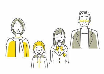ミドル夫婦と２人の子供の家族イラストセット　シンプルでお洒落な線画イラスト