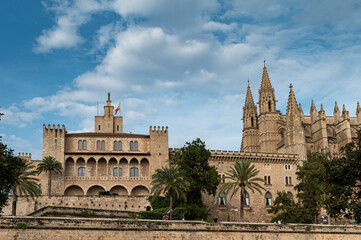 Cathedral view with old buildings during day in Spain, Balear Islands, Mallorca