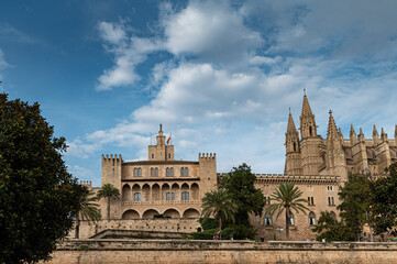 Cathedral view with old buildings during day in Spain, Balear Islands, Mallorca