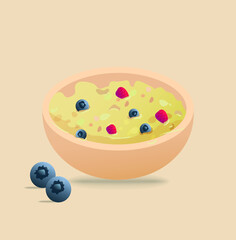 Vector breakfast oatmeal in bowl filled with  berries, flat bowl icon. Breakfast icon. breakfast cereal in different flavors, breakfast icon