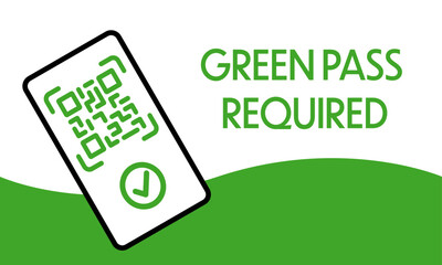 Green pass required Notice on Corona access regulation witha black framed QR code on green wavy shape in bottom part of image with green text on white background in the upper part 