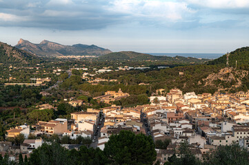Fototapeta premium Old town with historical buildings during day in Spain, Mallorca, Pollenca