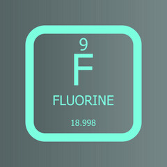 Fluorine F Chemical Element vector illustration diagram, with atomic number and mass. Simple flat dark gradient design for education, lab, science class.