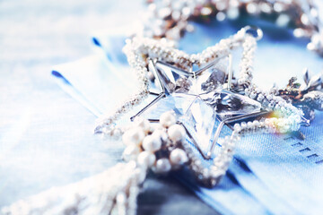  Christmas ornament on wooden background. Close up.