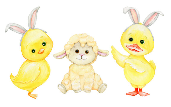 sheep, chicken, duckling, rabbit ears. Watercolor animals, in cartoon style, on an isolated background.