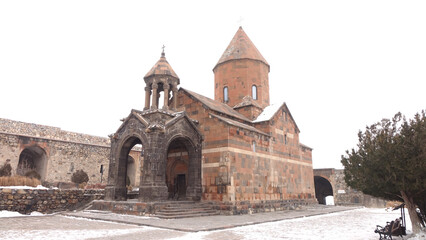 Fototapeta na wymiar Khor Virap Armenian monastery during winter with snow located in the Ararat Plain in Armenia.