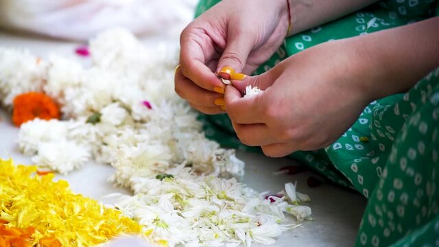slow motion shot of young indian woman's hands tearing jasmine flowers so the petals can be used for decoration, ritual, rangolis on the festival of Diwali, new year or a wedding in the hindu