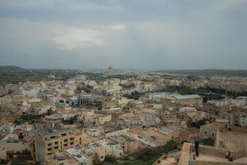 Old town from hilltop with greenery in Malta, Gozo