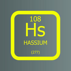 Hassium Hs Chemical Element vector illustration diagram, with atomic number and mass. Simple flat dark gradient design for education, lab, science class.