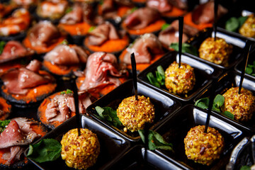 Banquet Meat Bar. Cold snacks with vegetables, fish and rucola on bread, canapes