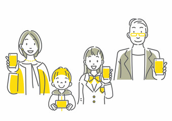スマホを見せるミドル夫婦と２人の子供の家族イラストセット　シンプルでお洒落な線画イラスト