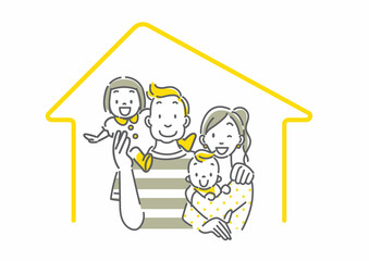 幸せな4人家族のイメージイラスト　シンプルでお洒落な線画イラスト