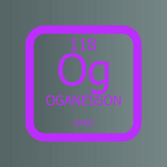 Oganesson Og Chemical Element vector illustration diagram, with atomic number and mass. Simple flat dark gradient design for education, lab, science class.