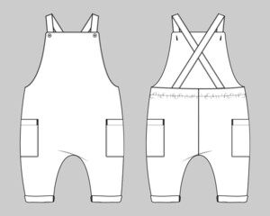 Kids Dungaree Dress design Fashion flat Sketch vector Illustration Template Front And back views. Apparel Clothing Design mock up Front And Back Views.