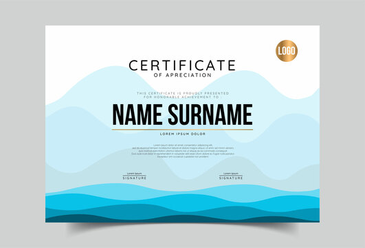 Certificate of appreciation template, gold and blue color. Clean modern certificate with gold badge. Certificate border template with luxury and modern line pattern. Diploma vector template.