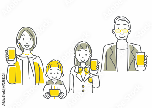 スマホを見せるミドル夫婦と２人の子供の家族イラストセット シンプルでお洒落な線画イラスト Boy Poster B Fumika Shibata