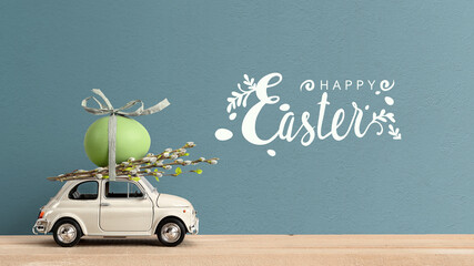 Retro car carrying an easter egg on the roof. Happy Easter text - 472983481