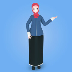 Young muslim girl with presentation pose 3d character illustration