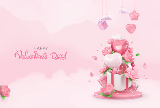 Happy Valentines day poster. 3d realistic render vector illustration