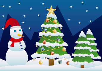 Paisaje navideño con árbol de navidad y muñeco de nieve. 