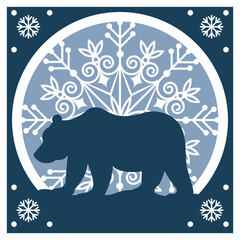 Christmas bear on a mandala background, shadow box, paper papercut