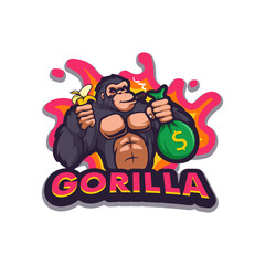 Illustration of gorilla with money bag and banana while smoking mascot logo design illustration