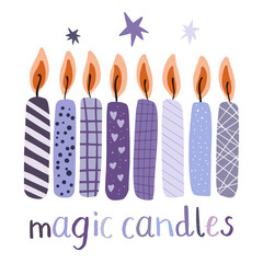 Purple set of magic wiccan wax candles stars and lettering