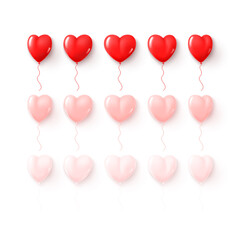 Fototapeta na wymiar Set of balloons isolated on white background. Vector illustration with realistic red balloons in shape of heart. Collection of holiday symbols for Valentine's Day decoration design.